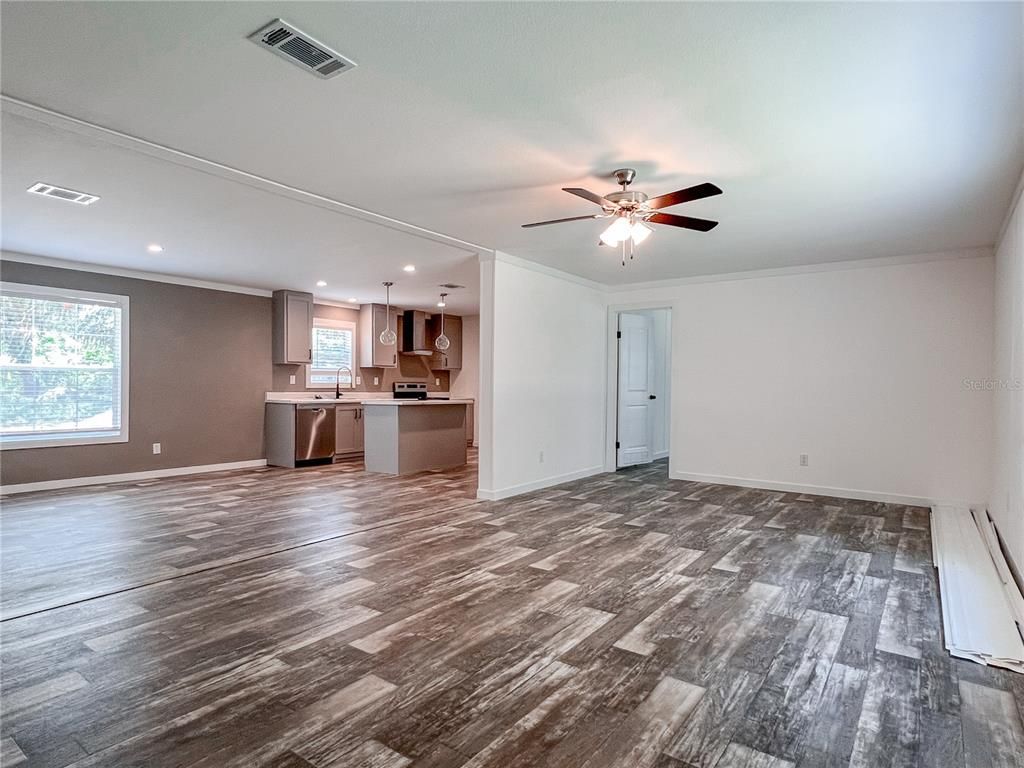 Empty room, Interior, Kitchen, Pendant Lights, Recessed Lighting, Wood Texture Flooring