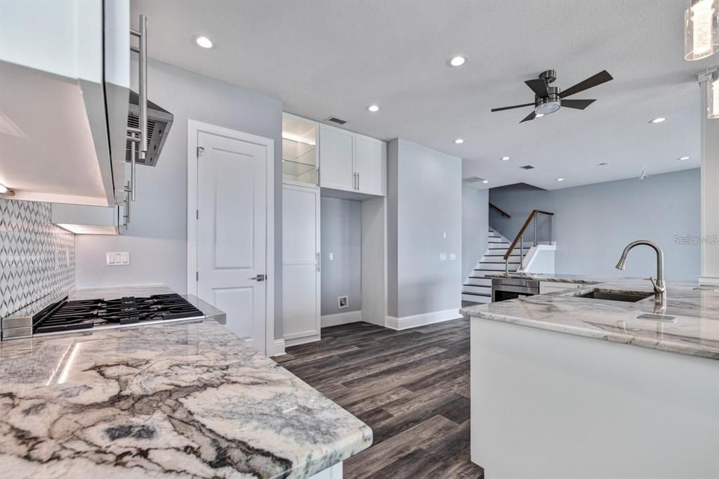 Interior, Kitchen, Recessed Lighting, Wood Texture Flooring
