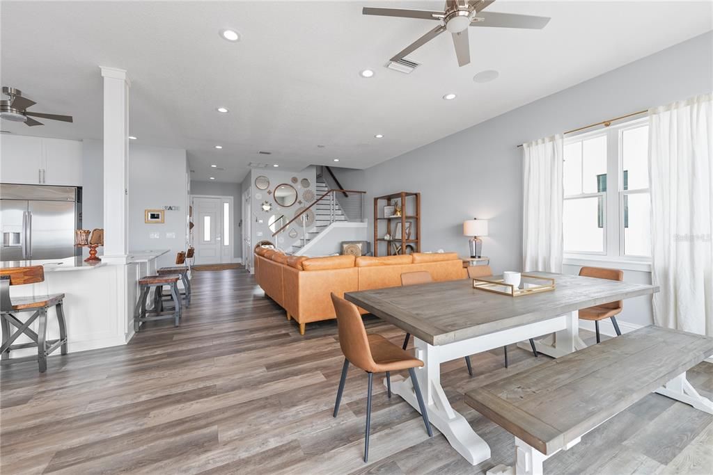 Dining room, Interior, Kitchen, Living room, Recessed Lighting, Stainless Steel Appliances, Wood Texture Flooring