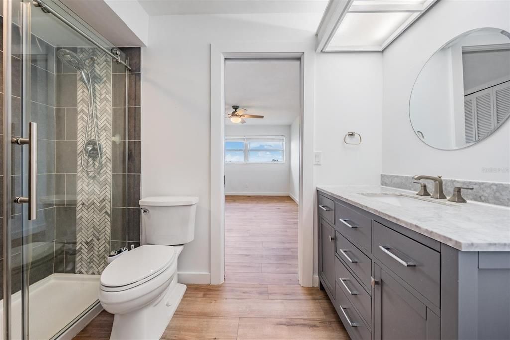 Bathroom, Glass Shower, Interior, Wood Texture Flooring