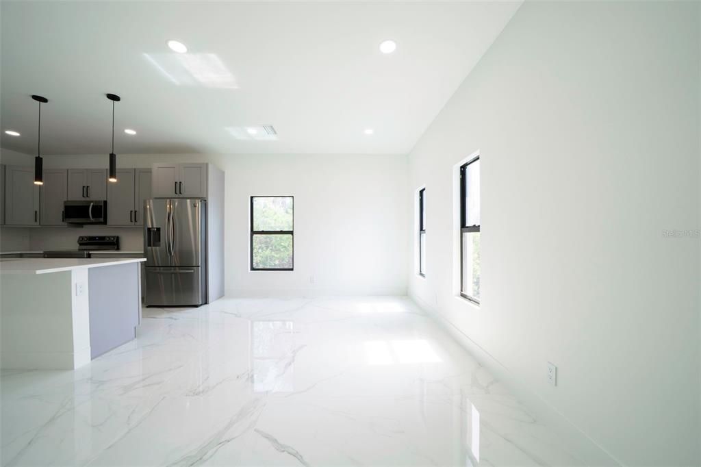 Interior, Kitchen, Marble, Pendant Lights, Recessed Lighting, Stainless Steel Appliances