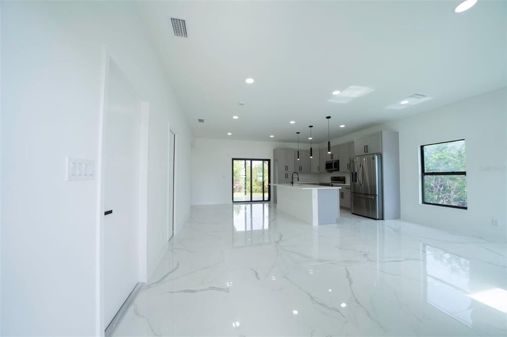 Interior, Kitchen, Marble, Pendant Lights, Recessed Lighting, Stainless Steel Appliances