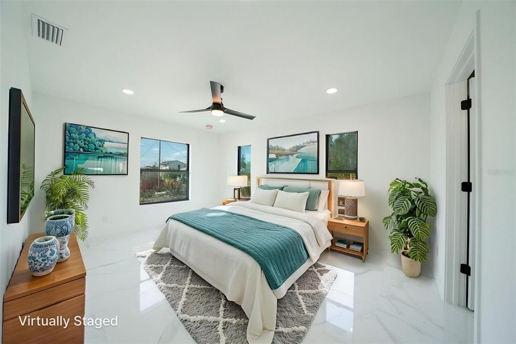 Bedroom, Interior, Marble, Recessed Lighting