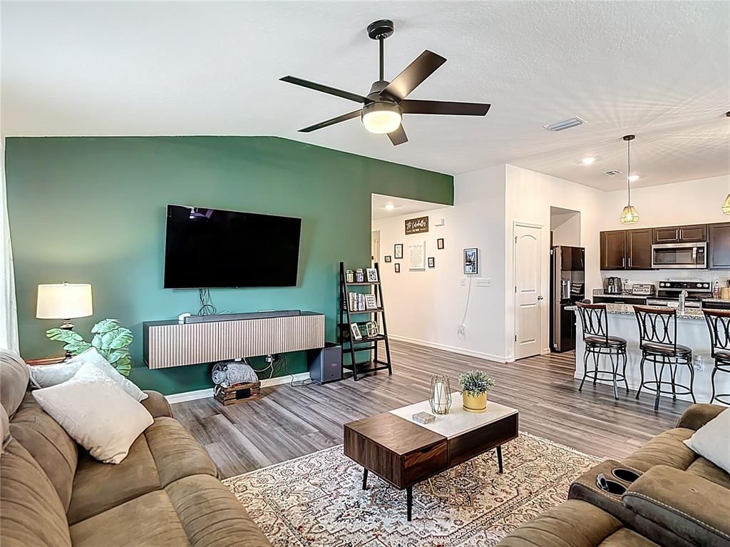 Interior, Kitchen, Living room, Pendant Lights, Recessed Lighting, Stainless Steel Appliances, Wood Texture Flooring
