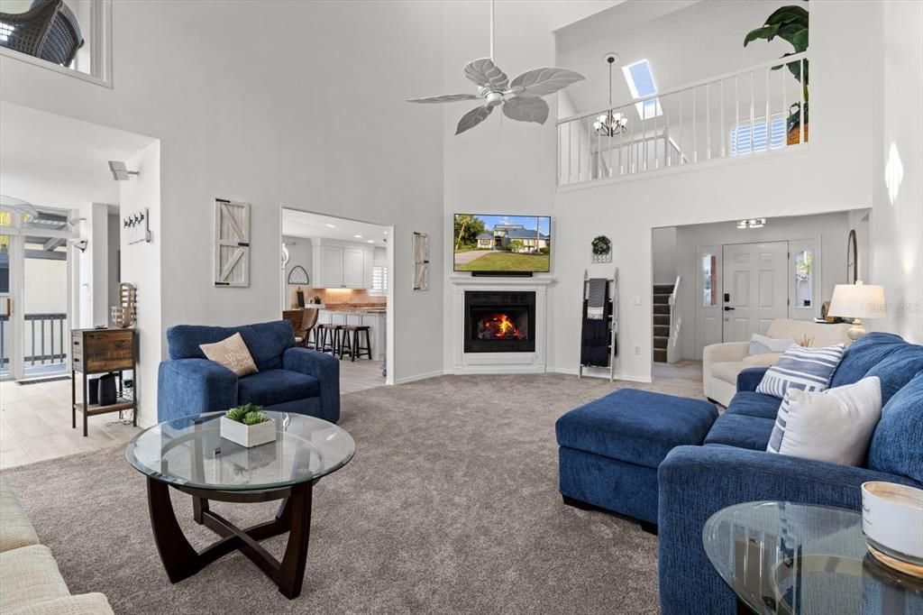 Dining room, Fireplace, Interior, Kitchen, Living room, Pendant Lights, Recessed Lighting