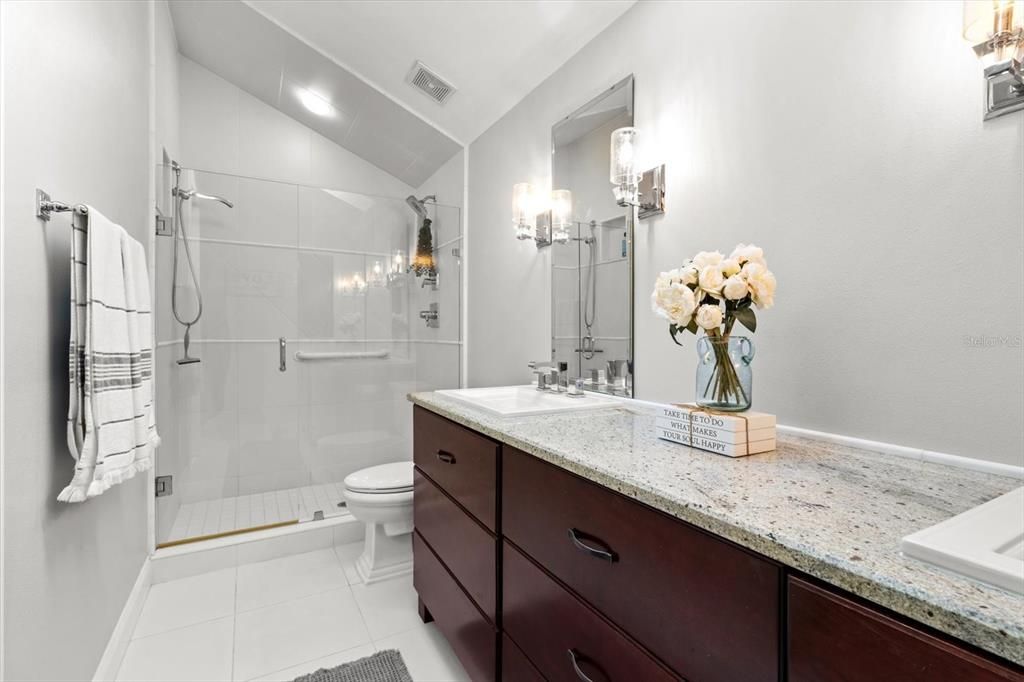 Bathroom, Dual Sink Vanities, Glass Shower, Interior, Recessed Lighting