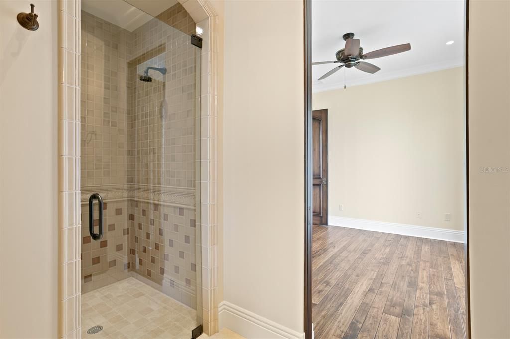 Bathroom, Glass Shower, Interior, Recessed Lighting, Wood Texture Flooring