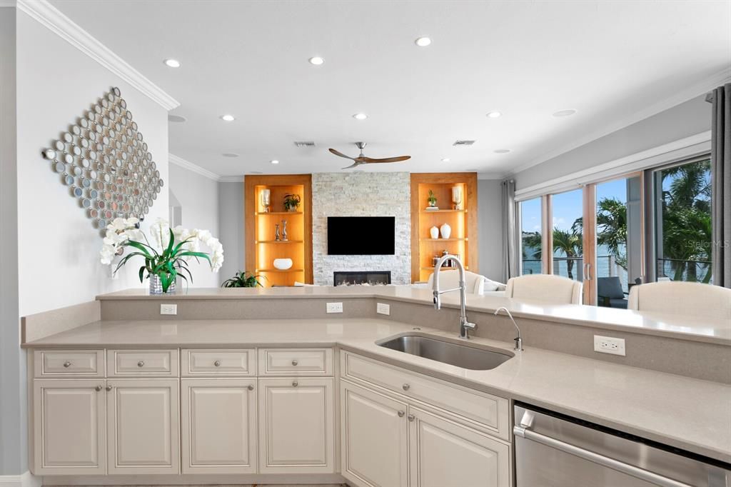 Fireplace, Interior, Kitchen, Recessed Lighting, Stone Walls