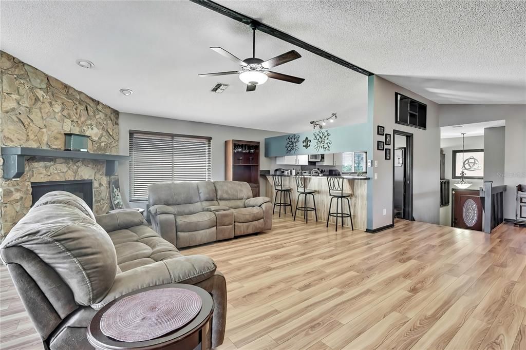 Fireplace, Interior, Living room, Stone Walls, Wood Texture Flooring