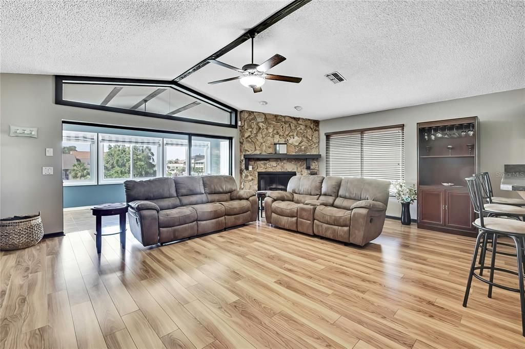 Fireplace, Interior, Living room, Stone Walls, Wood Texture Flooring