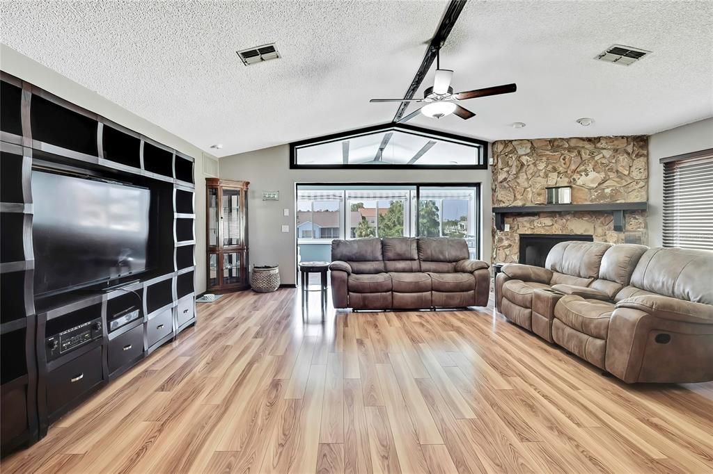 Fireplace, Interior, Living room, Stone Walls, Wood Texture Flooring