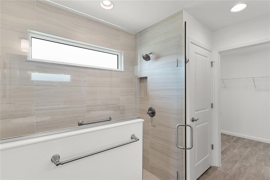 Bathroom, Glass Shower, Interior, Recessed Lighting, Wood Texture Flooring