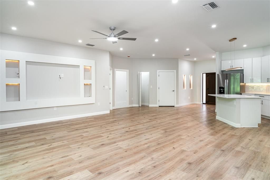 Empty room, Interior, Kitchen, Pendant Lights, Recessed Lighting, Wood Texture Flooring