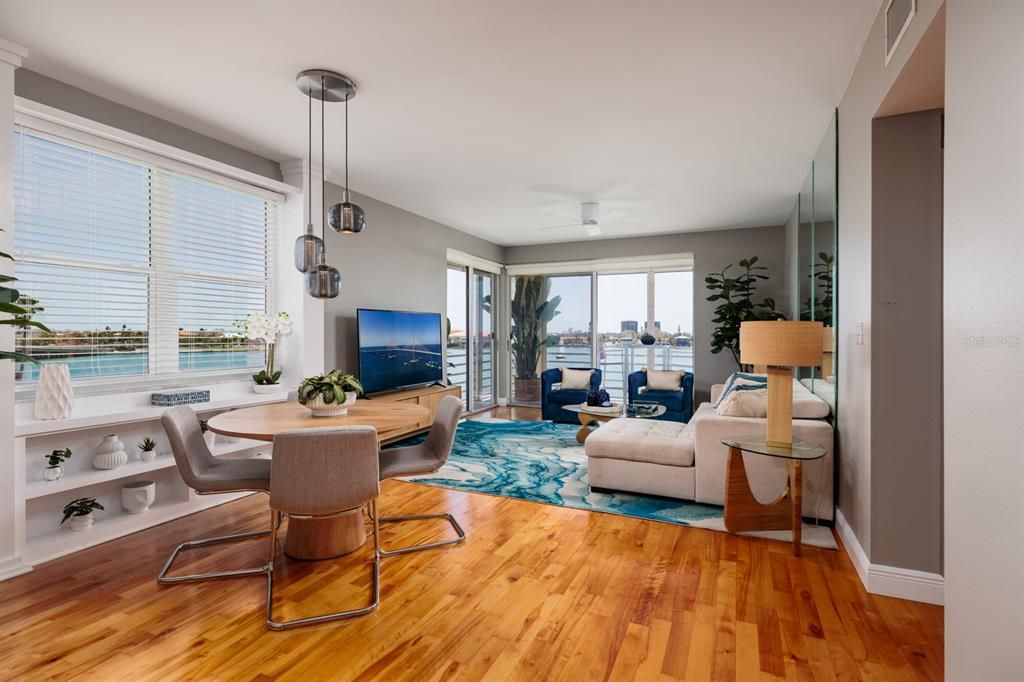 Dining room, Interior, Living room, Pendant Lights, Water, Wood Texture Flooring