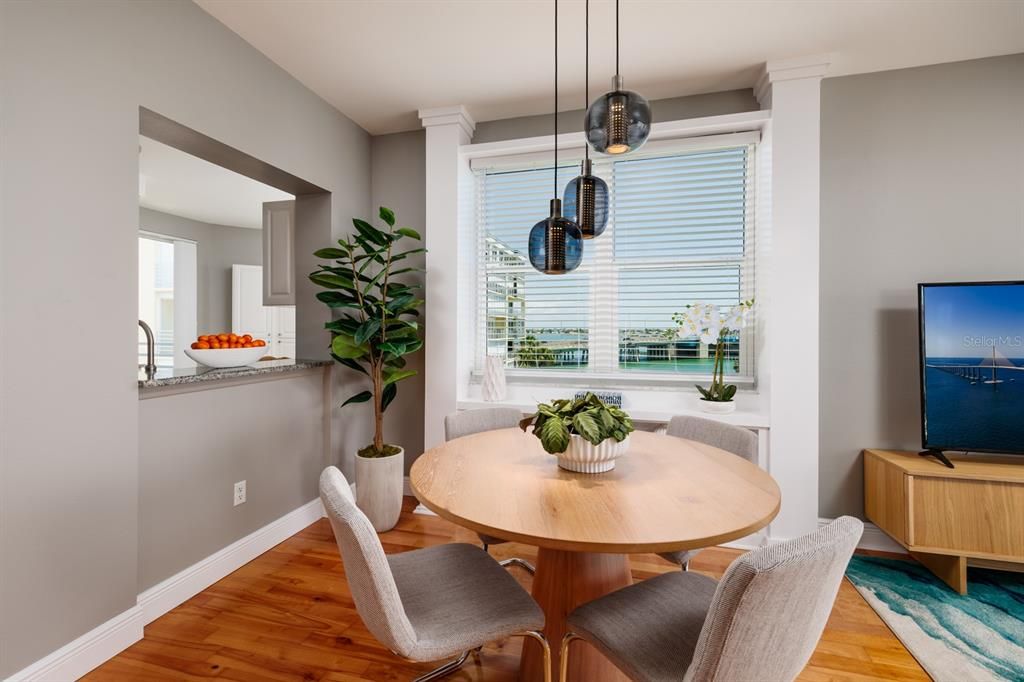 Dining room, Interior, Pendant Lights, Wood Texture Flooring