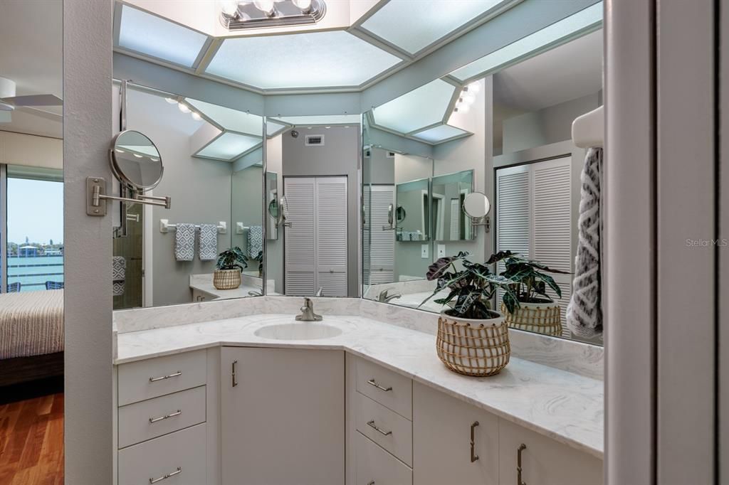 Bathroom, Dual Sink Vanities, Glass Shower, Interior, Water, Wood Texture Flooring