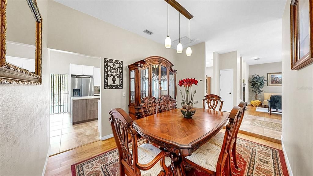 Dining room, Interior, Kitchen, Pendant Lights, Stainless Steel Appliances, Wood Texture Flooring