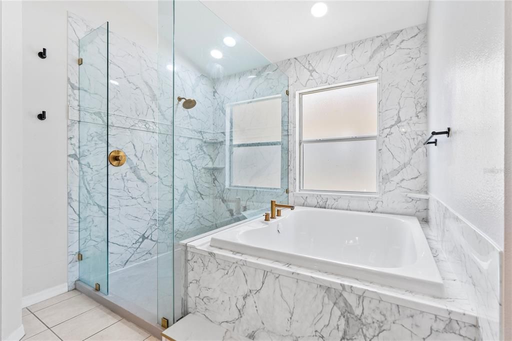 Bathroom, Glass Shower, Interior, Marble, Marble Walls, Recessed Lighting