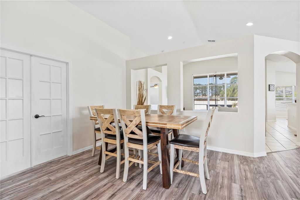 Dining room, Interior, Recessed Lighting, Wood Texture Flooring