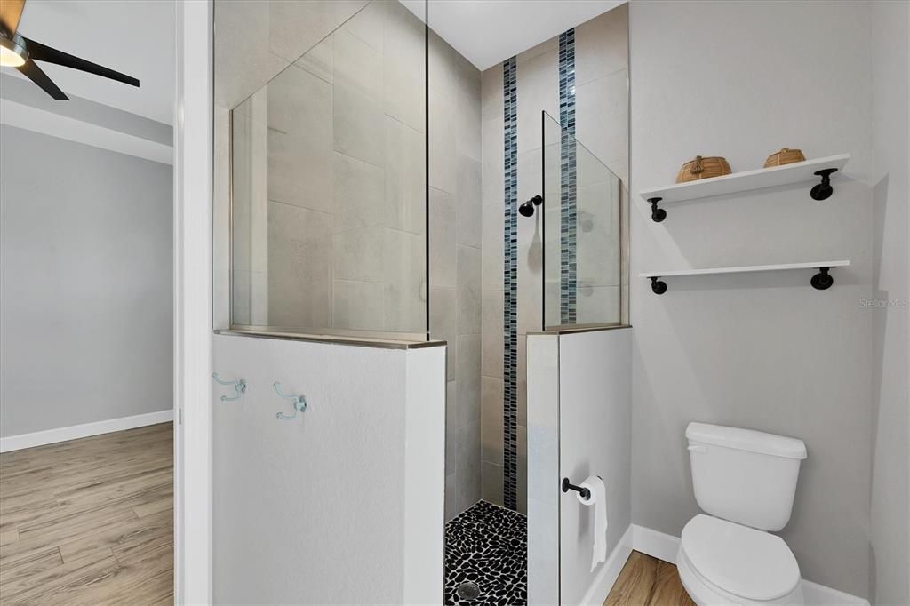 Bathroom, Glass Shower, Interior, Wood Texture Flooring
