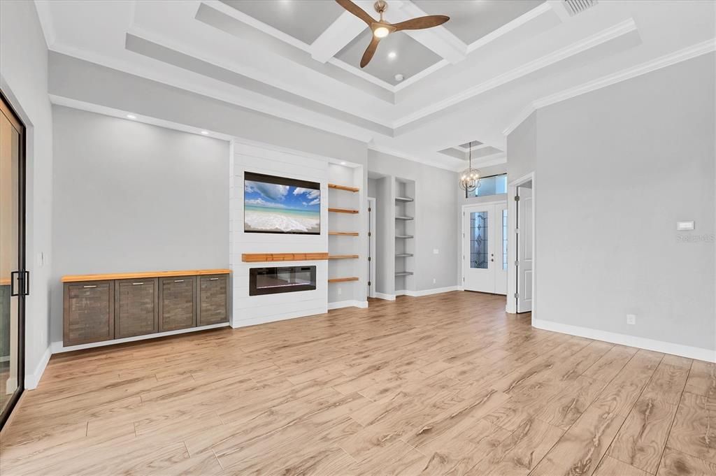 Empty room, Fireplace, Interior, Recessed Lighting, Wood Texture Flooring