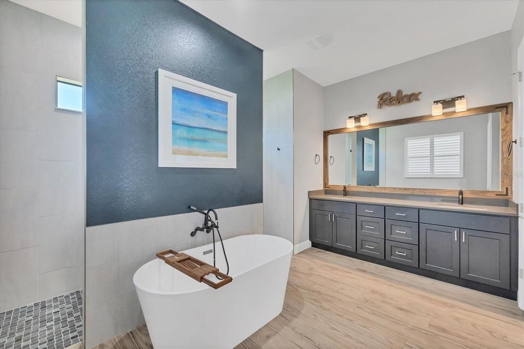 Bathroom, Dual Sink Vanities, Free Standing Baths, Interior, Wood Texture Flooring