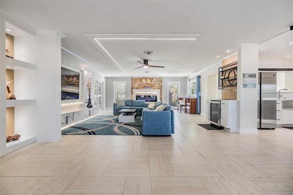 Fireplace, Interior, Kitchen, Living room, Recessed Lighting