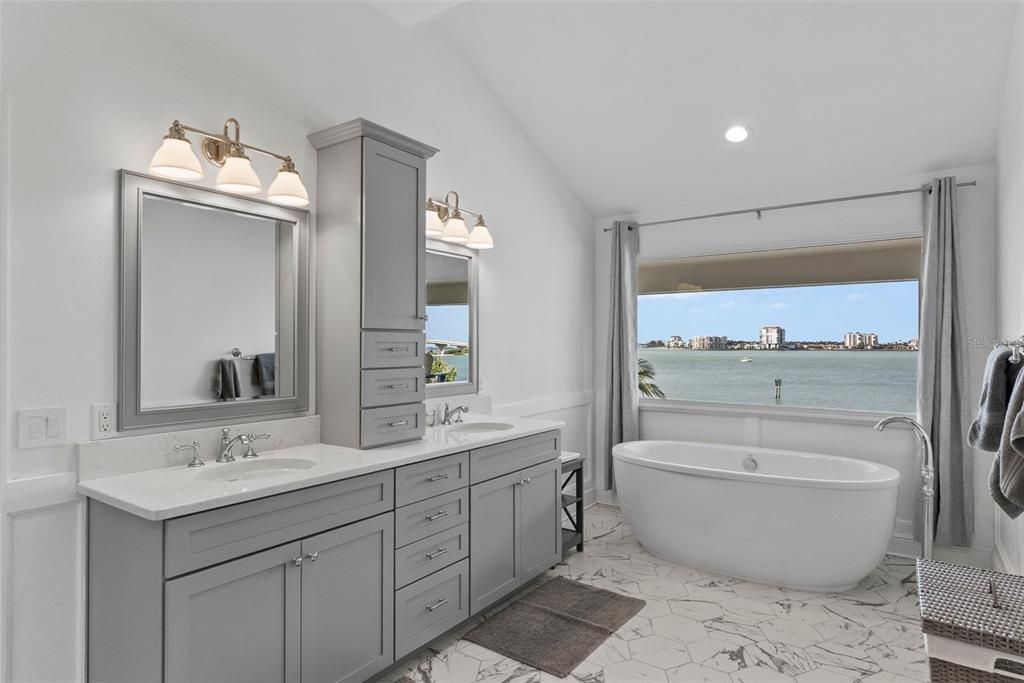 Bathroom, Dual Sink Vanities, Free Standing Baths, Interior, Marble, Recessed Lighting, Water
