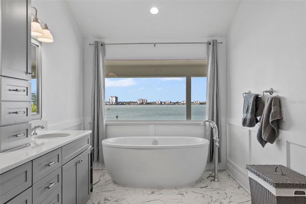 Bathroom, Dual Sink Vanities, Free Standing Baths, Interior, Marble, Recessed Lighting, Water