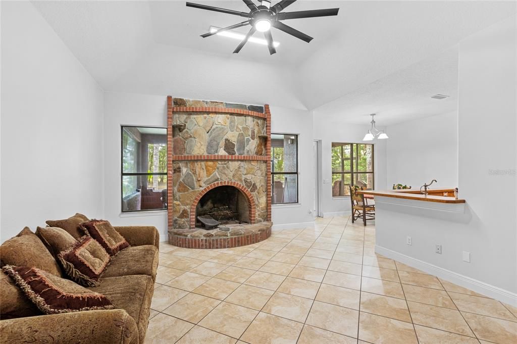 Dining room, Fireplace, Interior, Living room, Pendant Lights