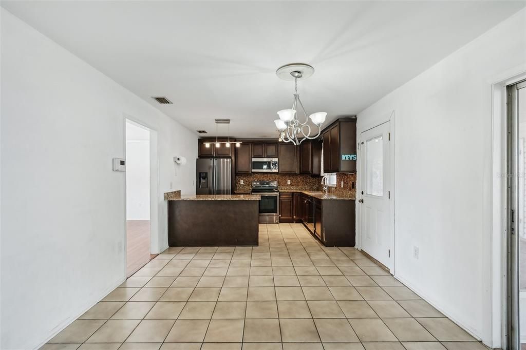 Chandelier, Interior, Kitchen, Pendant Lights, Stainless Steel Appliances