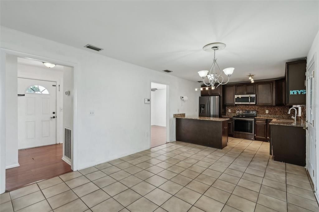 Chandelier, Interior, Kitchen, Stainless Steel Appliances, Wood Texture Flooring