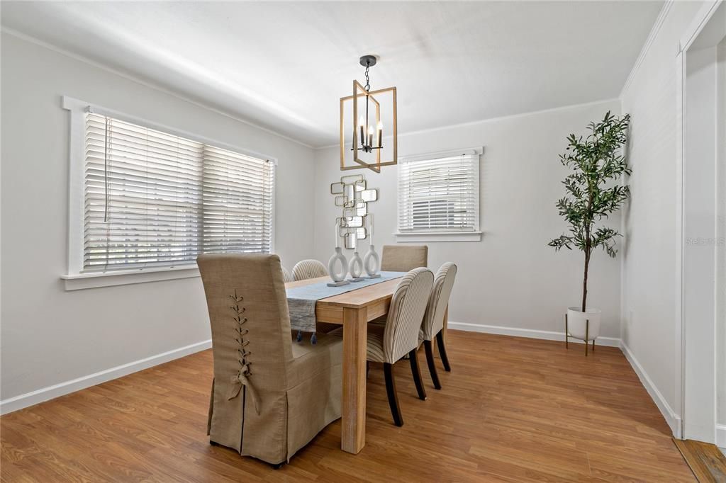 Dining room, Interior, Pendant Lights, Wood Texture Flooring