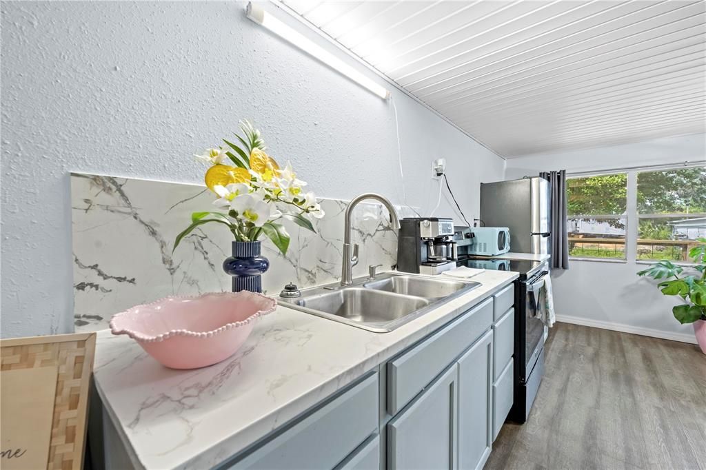 Interior, Kitchen, Marble Walls, Wood Texture Flooring