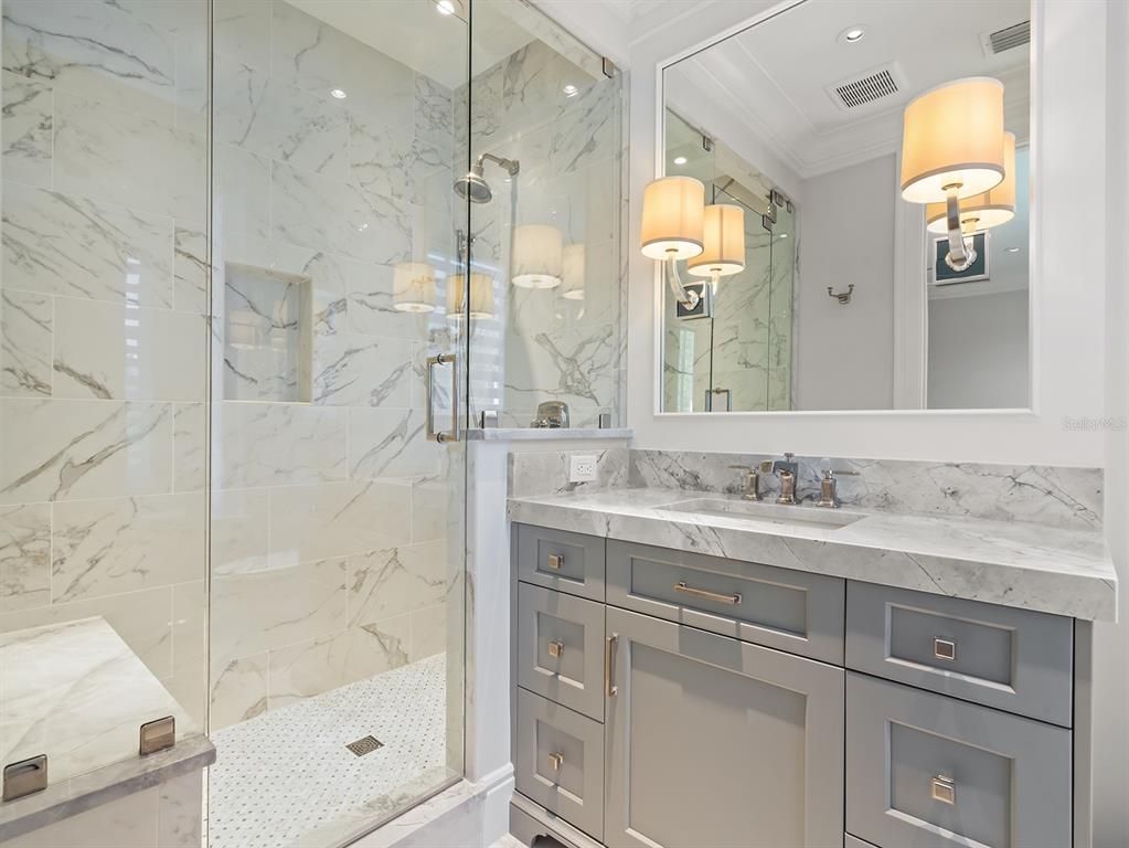 Bathroom, Glass Shower, Interior, Marble Walls, Recessed Lighting