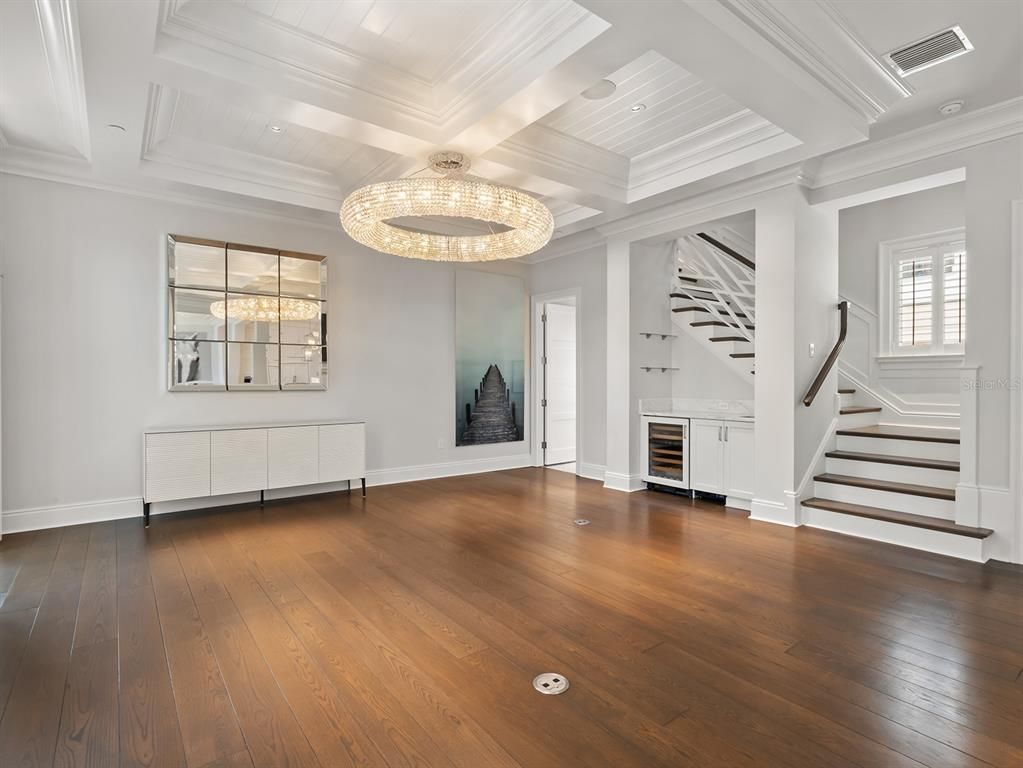 Chandelier, Empty room, Interior, Recessed Lighting, Wood Texture Flooring