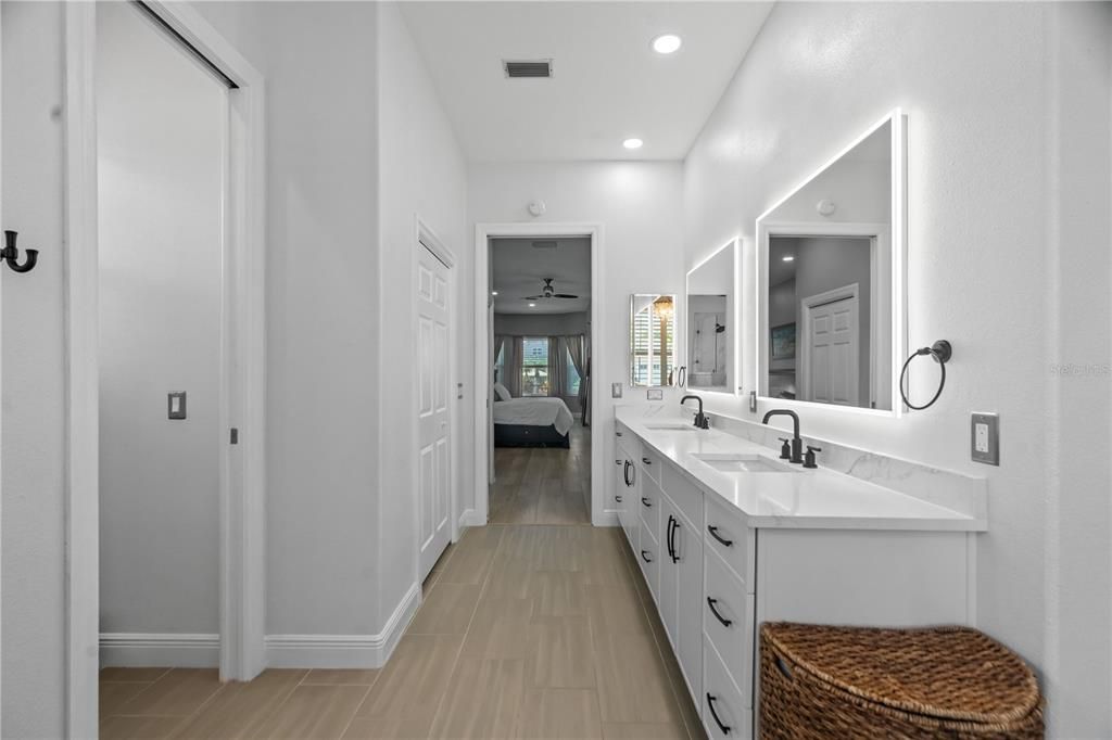 Bathroom, Bedroom, Dual Sink Vanities, Interior, Recessed Lighting, Wood Texture Flooring