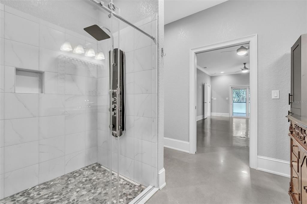 Bathroom, Glass Shower, Interior, Marble Walls, Recessed Lighting