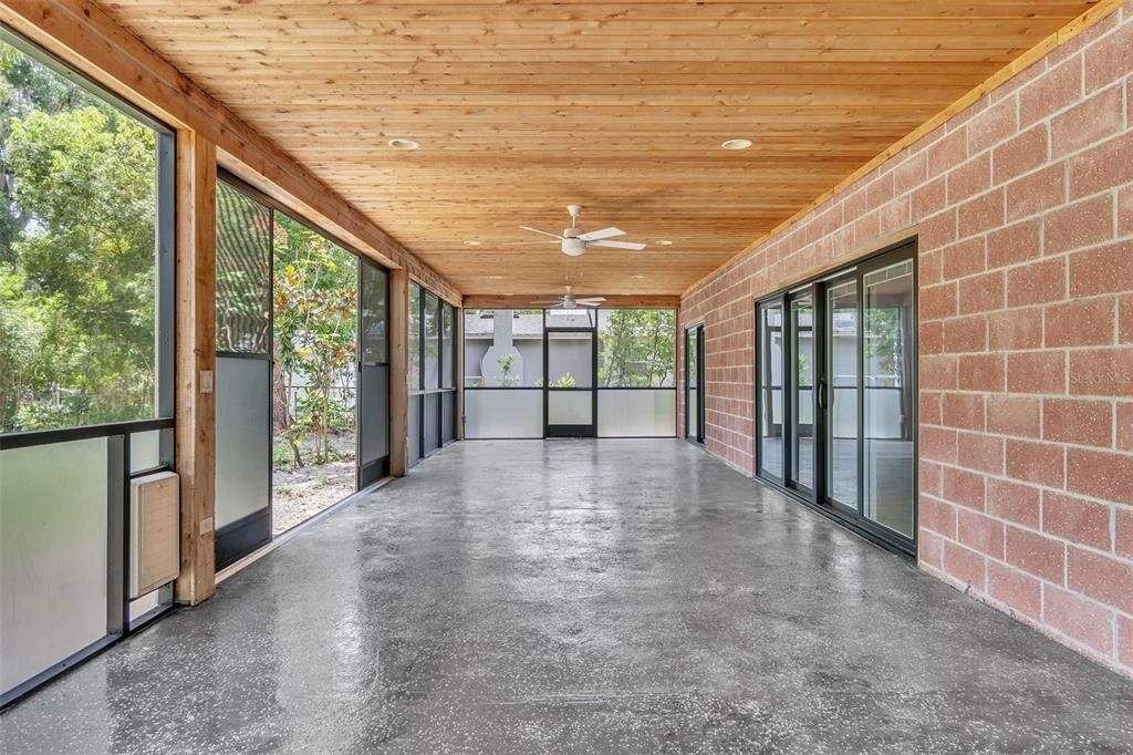 Empty room, Interior, Recessed Lighting, Stone Walls, Sun Room, Wooden Ceilings