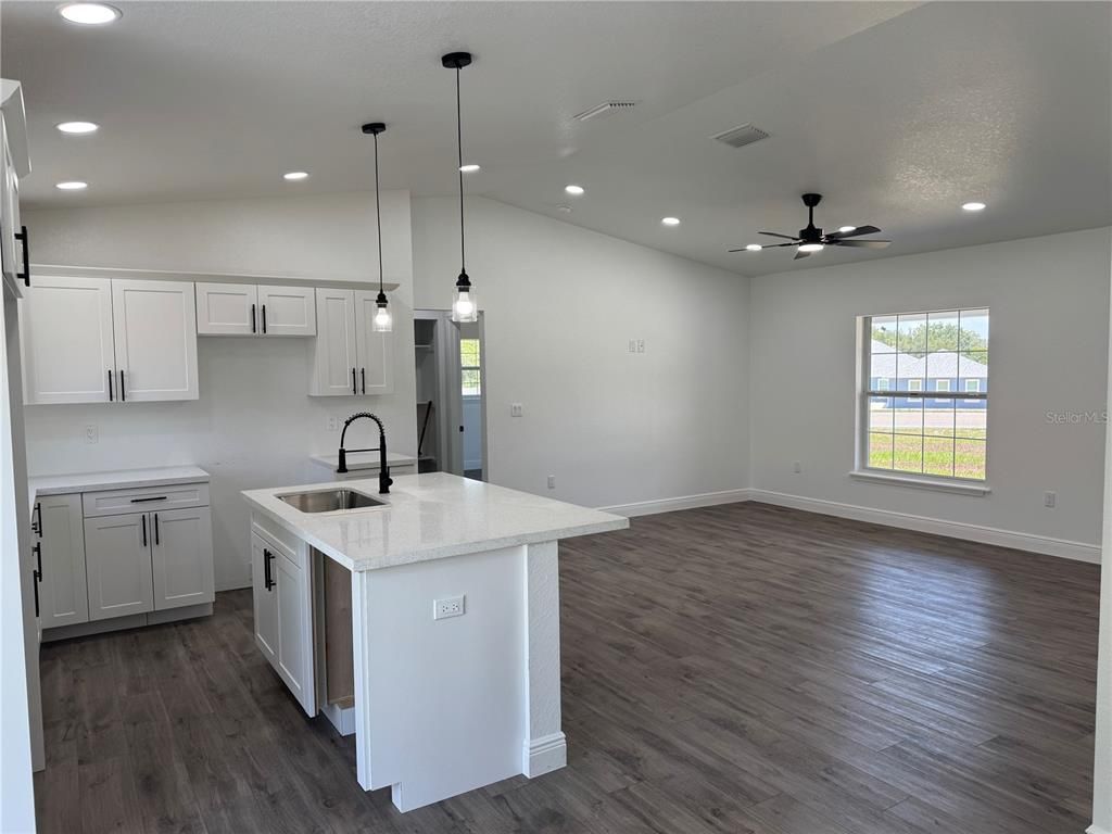 Empty room, Interior, Kitchen, Pendant Lights, Recessed Lighting, Wood Texture Flooring