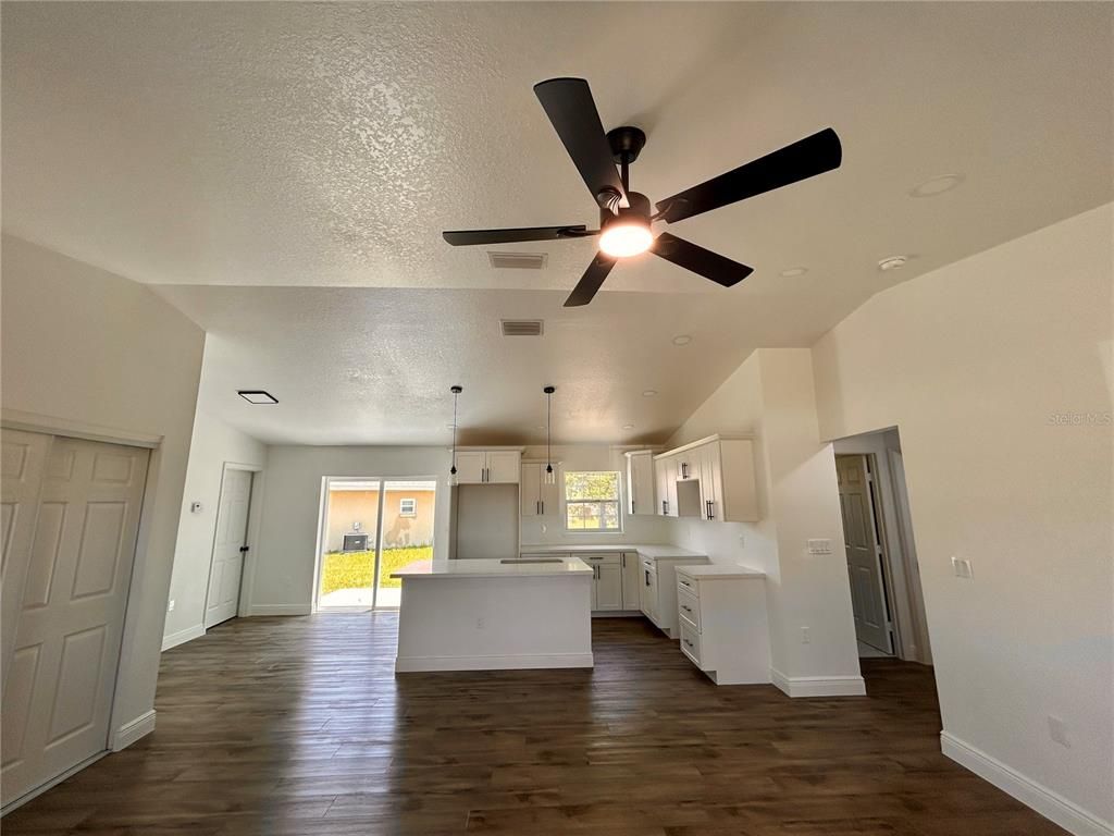 Interior, Kitchen, Pendant Lights, Wood Texture Flooring
