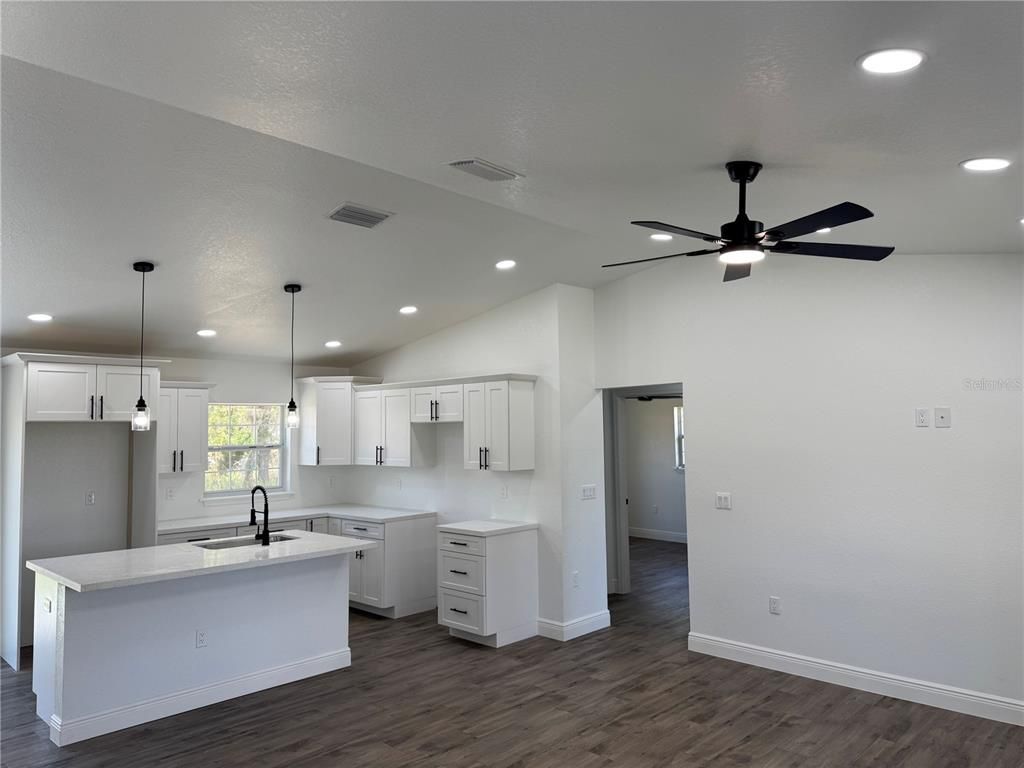 Interior, Kitchen, Pendant Lights, Recessed Lighting, Wood Texture Flooring