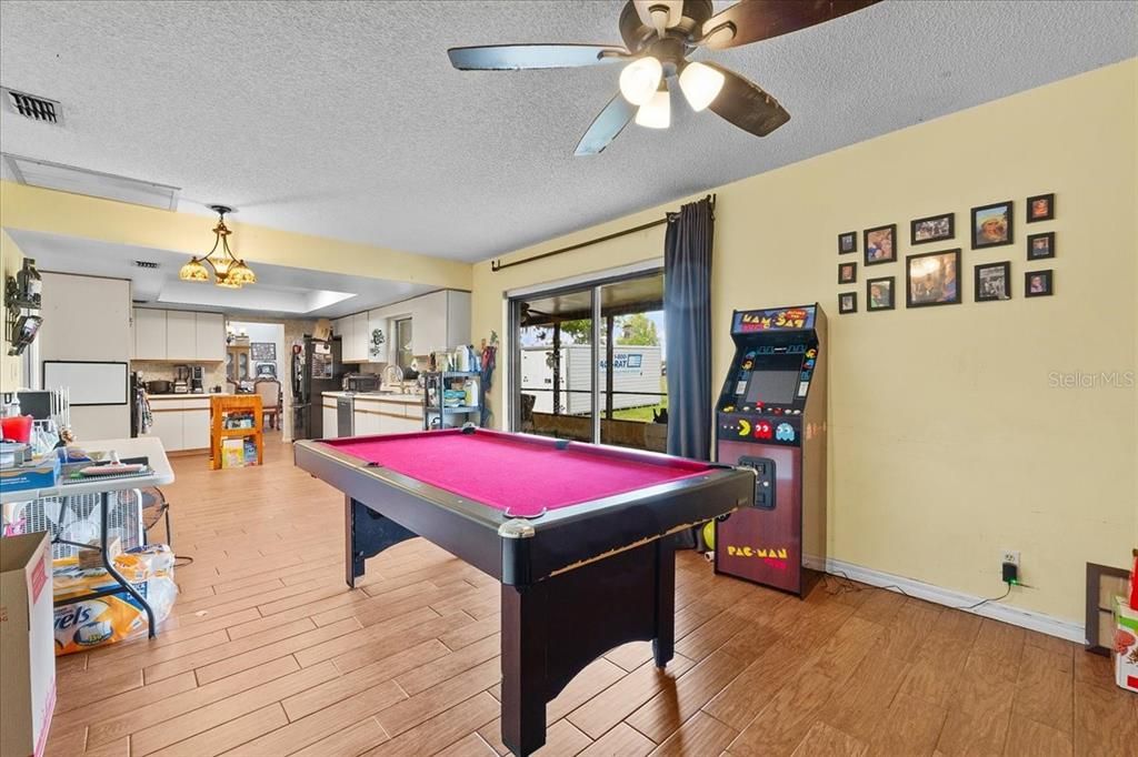 Billiard Table, Game Room, Interior, Kitchen, Pendant Lights, Wood Texture Flooring