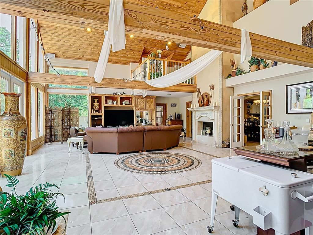 Fireplace, Interior, Living room, Recessed Lighting, Wooden Ceilings