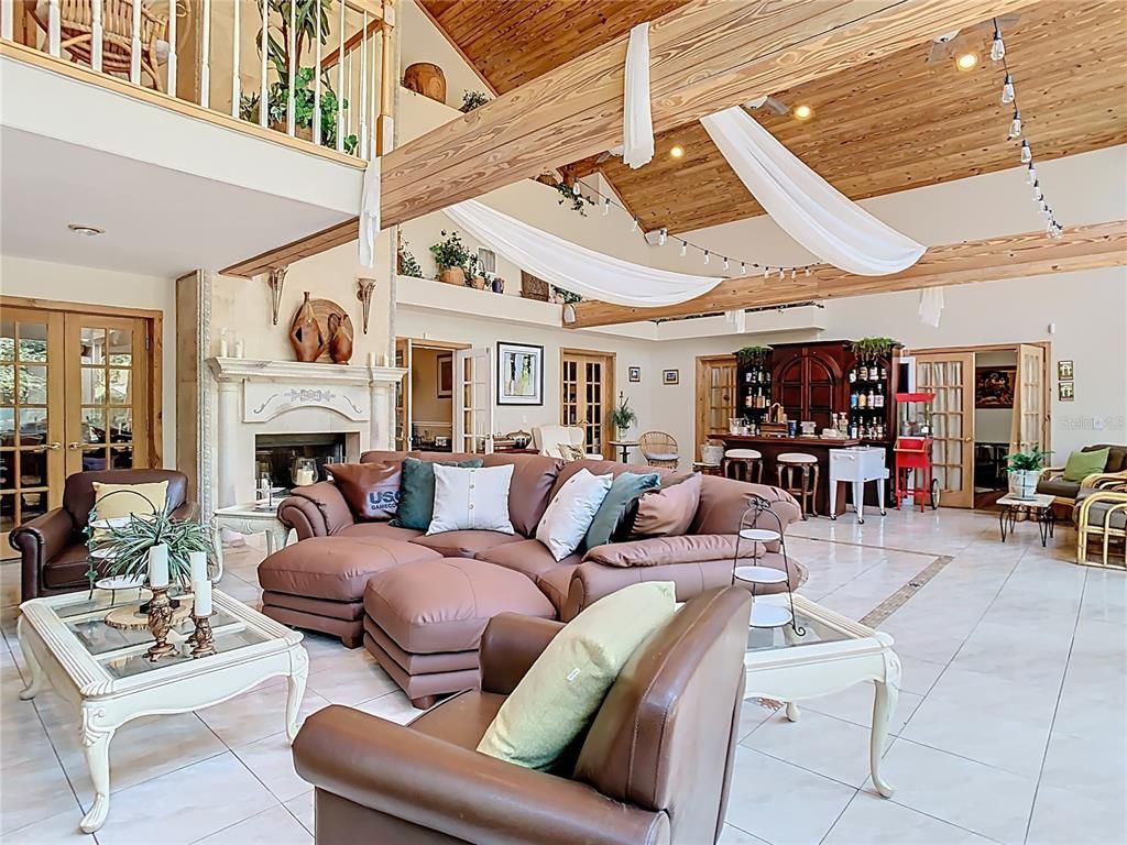 Fireplace, Interior, Living room, Recessed Lighting, Wooden Ceilings
