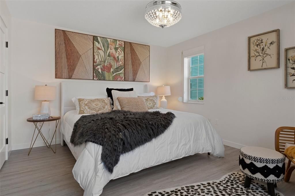 Bedroom, Chandelier, Interior, Wood Texture Flooring