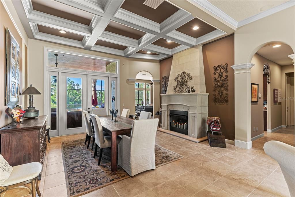 Dining room, Fireplace, Interior, Recessed Lighting