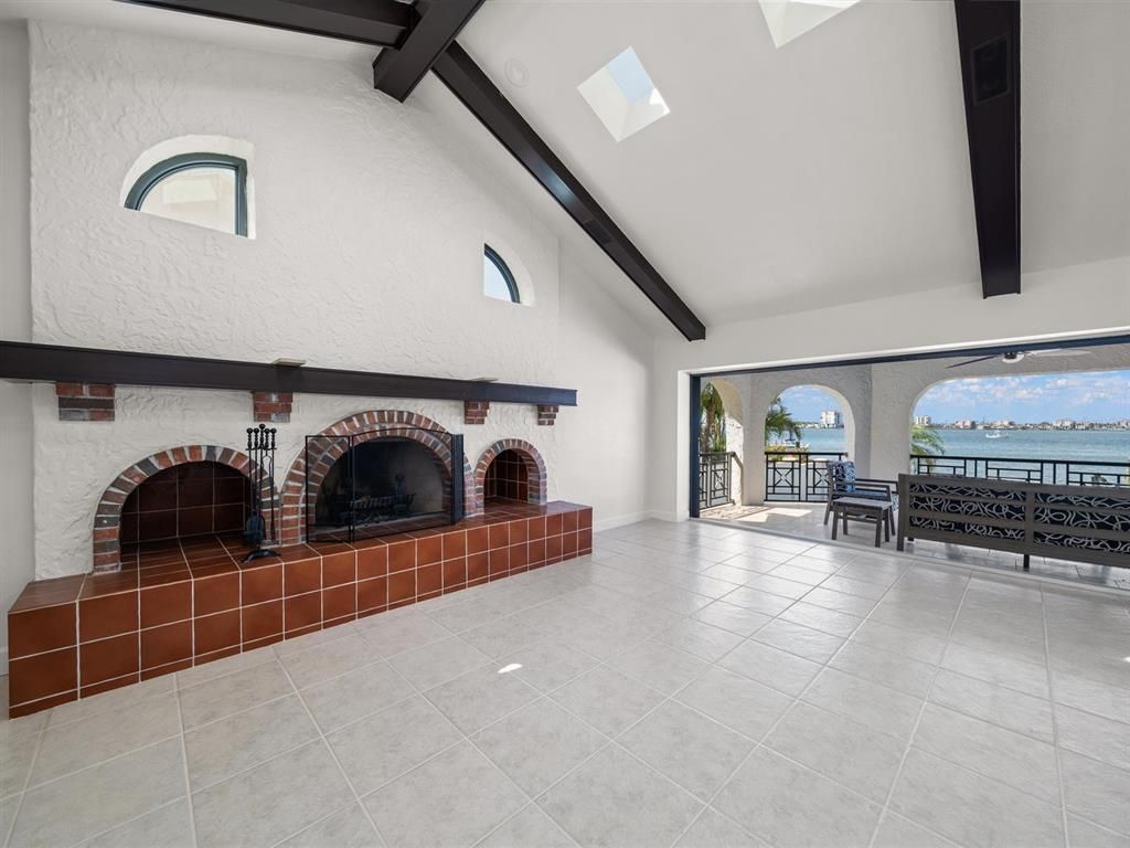Fireplace, Interior, Water, Wooden Beams