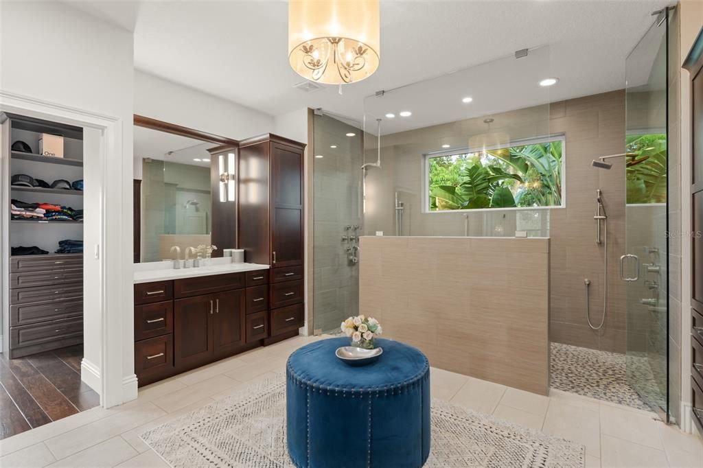 Bathroom, Glass Shower, Interior, Recessed Lighting, Wood Texture Flooring