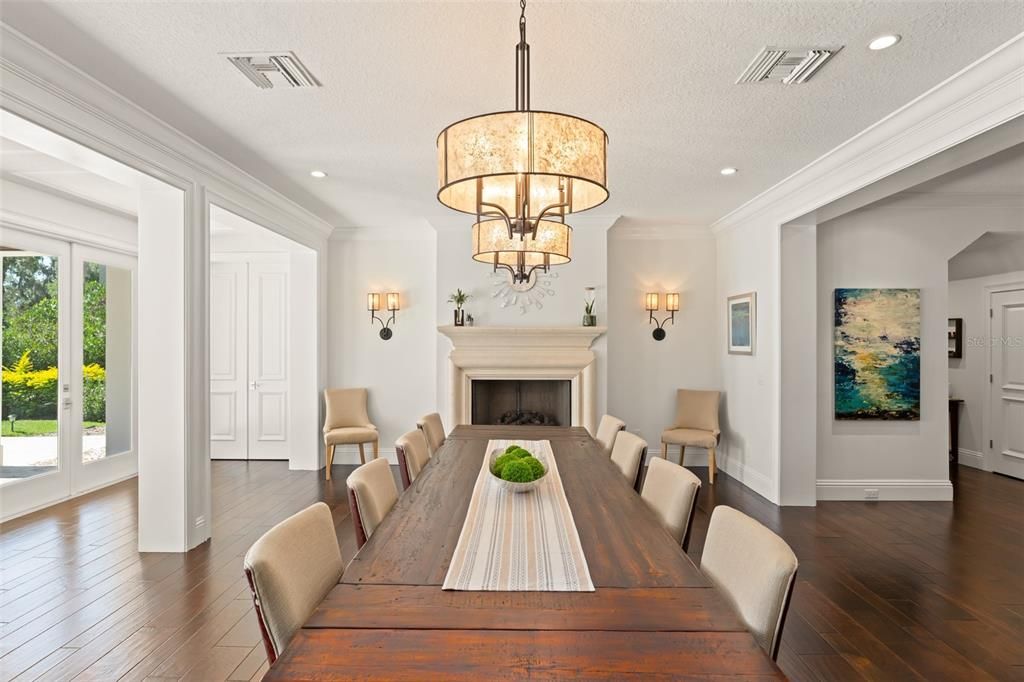 Chandelier, Dining room, Fireplace, Interior, Recessed Lighting, Wood Texture Flooring